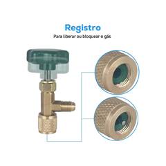 VÁLVULA PERFURADORA LATA GÁS R22 R404A R134A R600 R410A R290 1/4 X 7/16 COM MANOPLA OBAGÁS